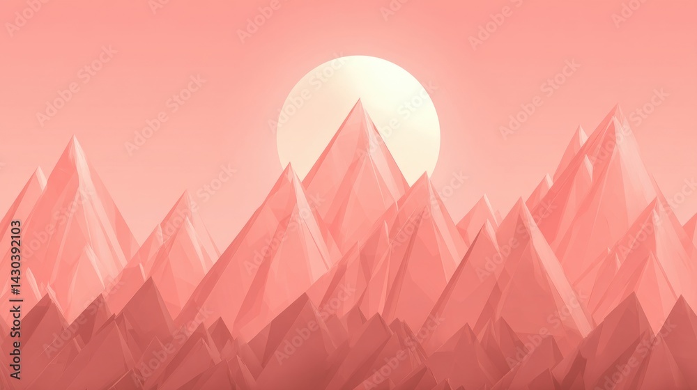 Abstract mountain landscape with a pink sky and a large sun, creating a serene and artistic atmosphere.