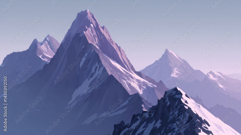 Majestic mountains with sharp peaks under a serene sky, showcasing a blend of cool colors and intricate lines.
