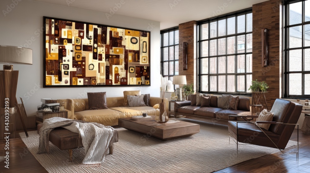 Modern living room with a stylish design, featuring large windows, artistic decor, and cozy furniture.