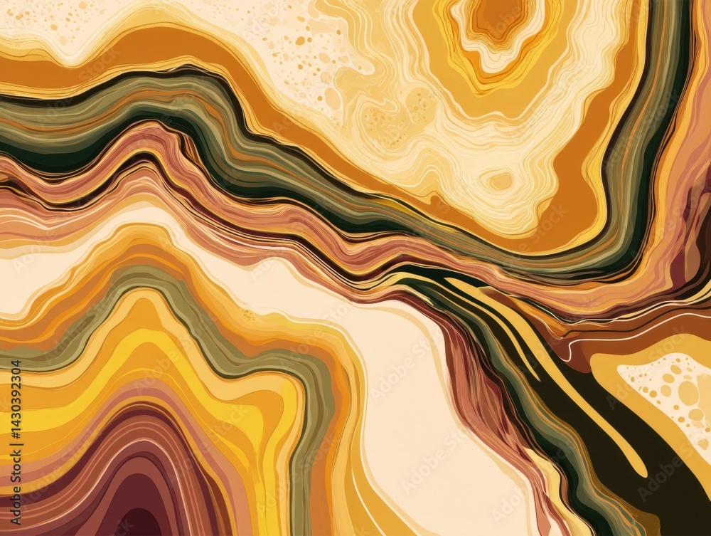 Abstract design featuring flowing lines and warm tones of yellow, brown, and cream, resembling natural formations.