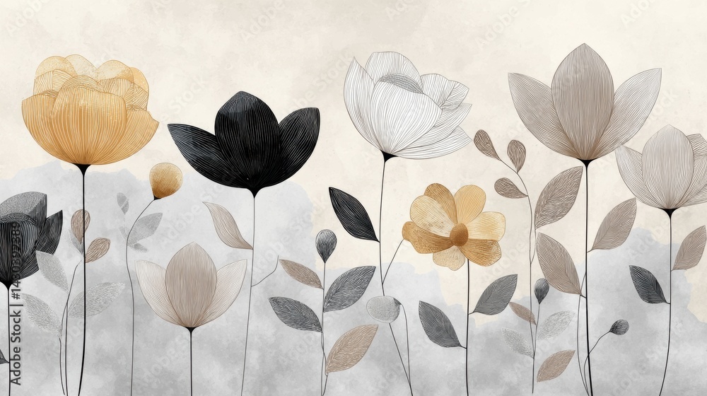 Illustration of flowers in various styles, featuring intricate outlines and a muted color palette.