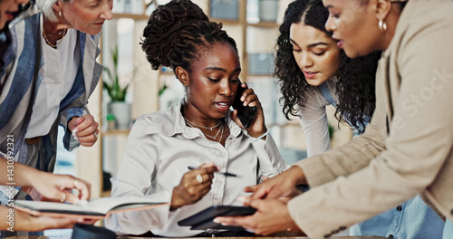 Management, multitask and phone call with business people in office for approval or communication. Documents, juggling and stress with employee team in workplace for administration or signature