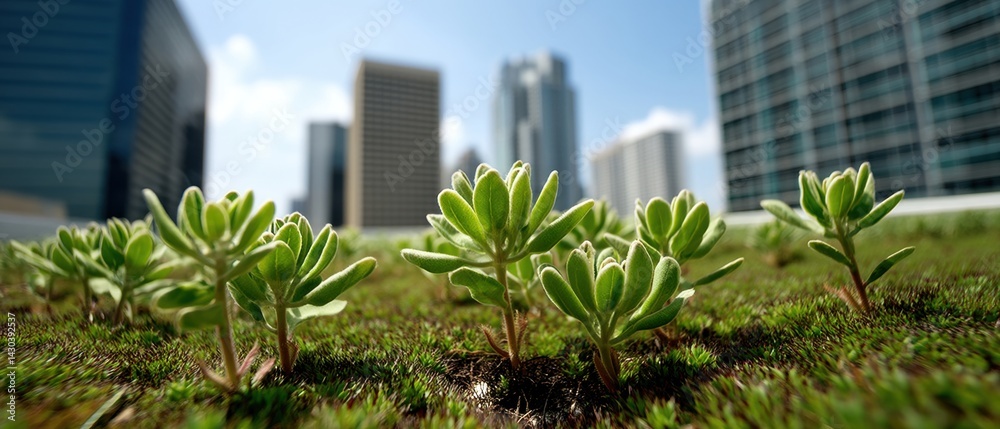 Green plants grow on a rooftop with city buildings in the background, showcasing urban gardening and sustainability.