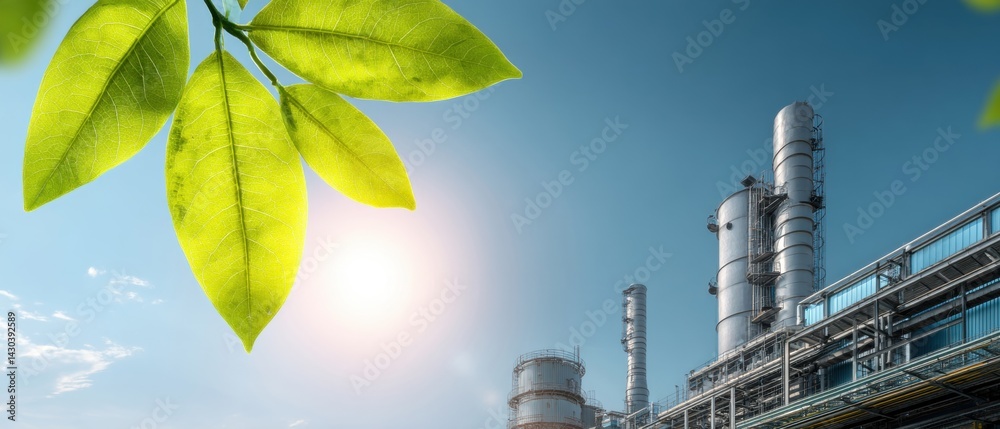 Industrial scene with leaves in the foreground and a factory structure under a clear blue sky.