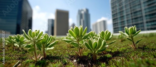 Obraz na płótnie Green plants grow on a rooftop with city buildings in the background, showcasing urban gardening and sustainability. w salonie