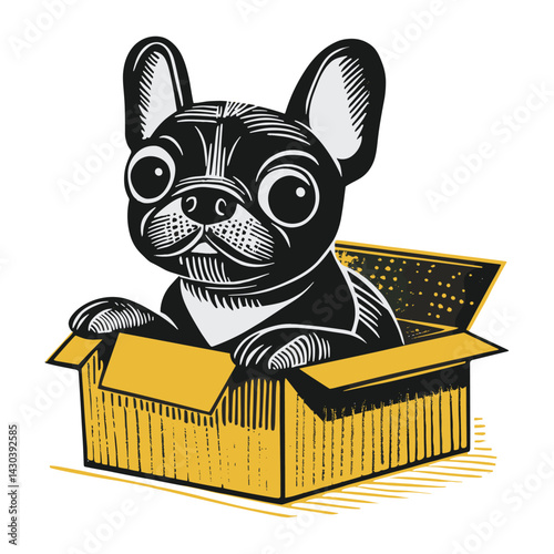 Linocut french bulldog puppy illustration animal white vector
