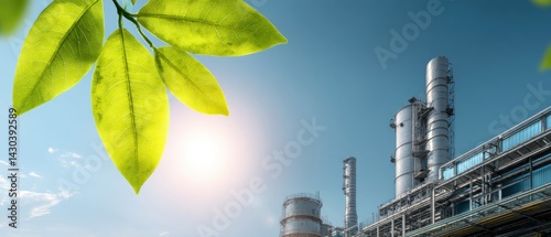 Obraz na płótnie Industrial scene with leaves in the foreground and a factory structure under a clear blue sky. w salonie
