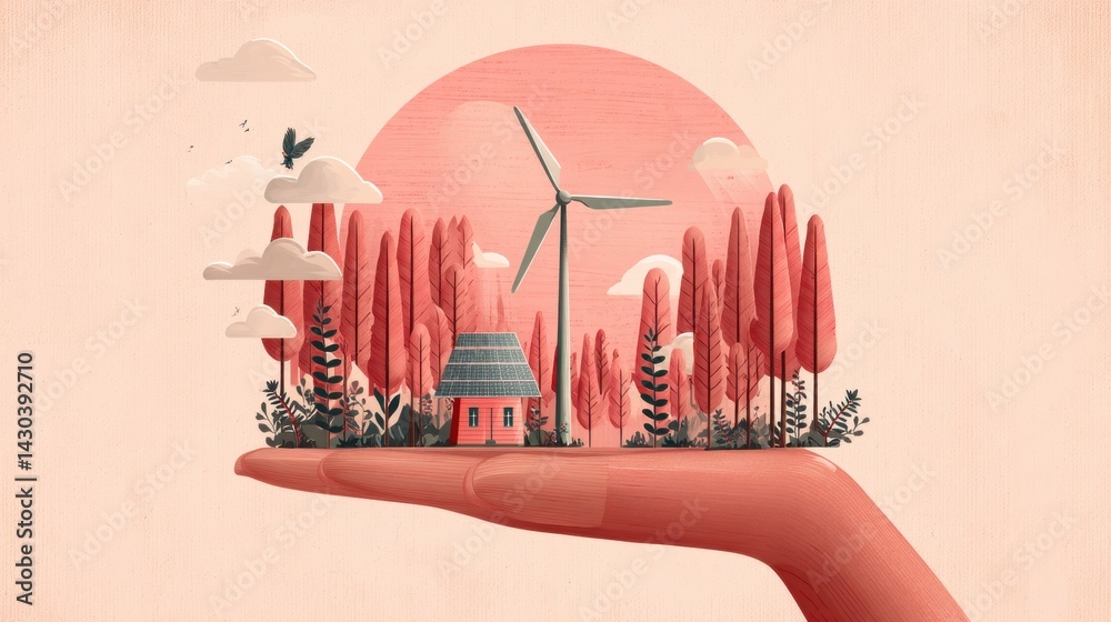 A hand cradles a serene landscape featuring a house, trees, clouds, and a wind turbine against a warm, stylized sunset backdrop.