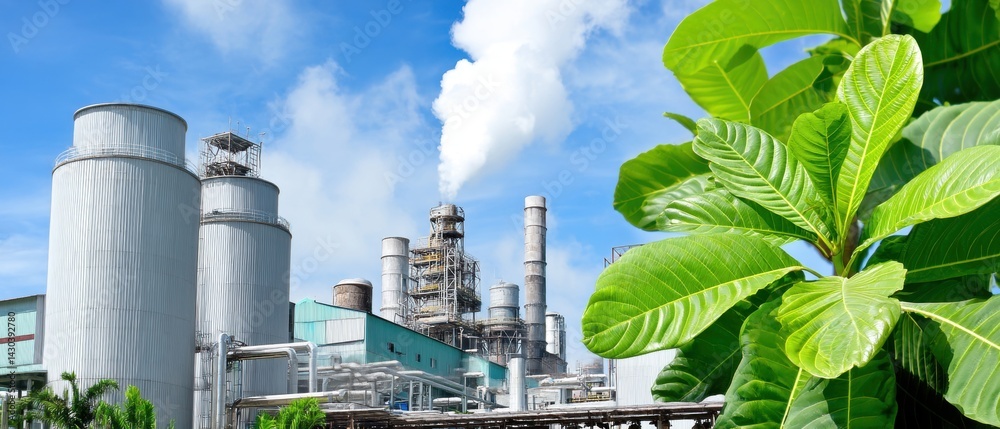 Industrial plant with smokestacks and green foliage in the foreground against a blue sky.