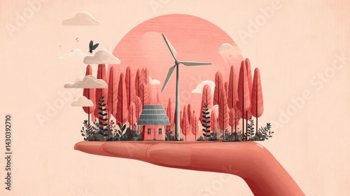 Obraz na płótnie A hand cradles a serene landscape featuring a house, trees, clouds, and a wind turbine against a warm, stylized sunset backdrop. w salonie