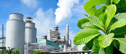 Obraz na płótnie Industrial plant with smokestacks and green foliage in the foreground against a blue sky. w salonie