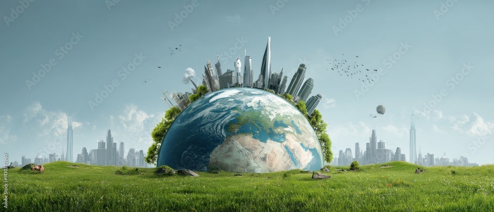 A futuristic cityscape emerges from a green planet, blending nature and urban life under a clear blue sky.