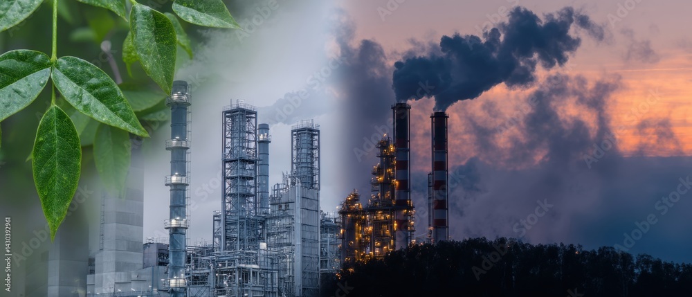 Contrasting nature and industry, the image shows leaves alongside a smoky factory skyline at sunset.
