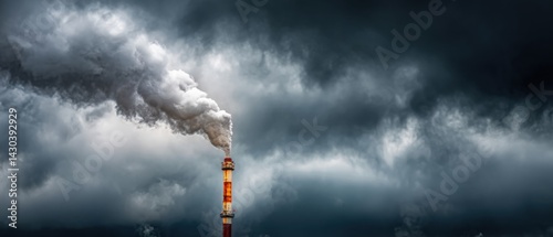 Obraz na płótnie Industrial smokestack releasing dark smoke under a stormy sky, highlighting environmental concerns. w salonie