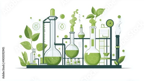 Illustration of a scientific lab with green liquid and plants, symbolizing eco-friendly research.