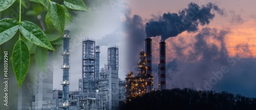 Obraz na płótnie Contrasting nature and industry, the image shows leaves alongside a smoky factory skyline at sunset. w salonie