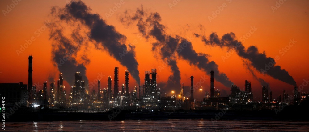 Industrial skyline at sunset with smoke billowing from chimneys, highlighting environmental impact and urban development.