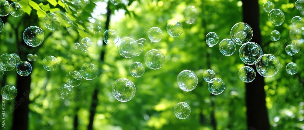 Bubbles floating amid lush greenery create a serene and enchanting atmosphere in nature.