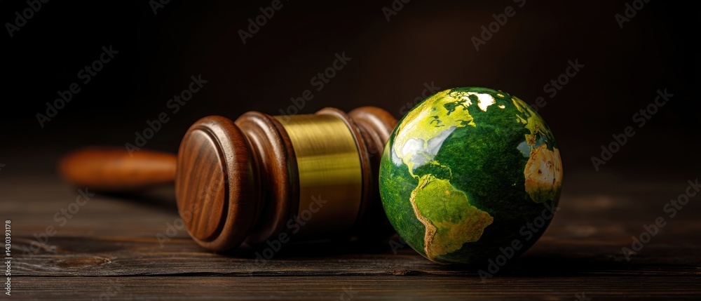 A gavel rests next to a globe, symbolizing justice and global awareness on a rustic wooden surface.