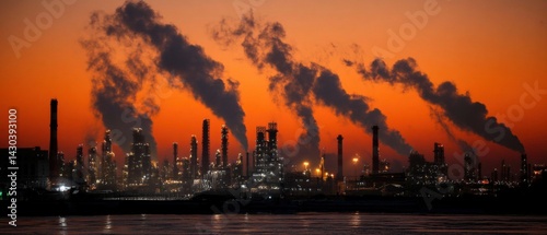 Obraz na płótnie Industrial skyline at sunset with smoke billowing from chimneys, highlighting environmental impact and urban development. w salonie