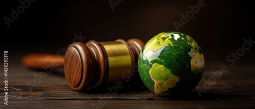 Obraz na płótnie A gavel rests next to a globe, symbolizing justice and global awareness on a rustic wooden surface. w salonie