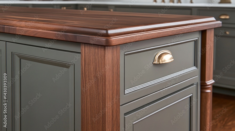 Fototapeta premium Close-up of a dark gray kitchen island with a walnut countertop.