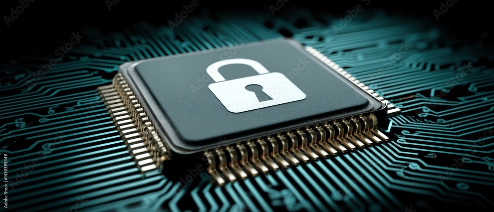 Digital microchip with a padlock symbol, representing cybersecurity and data protection.