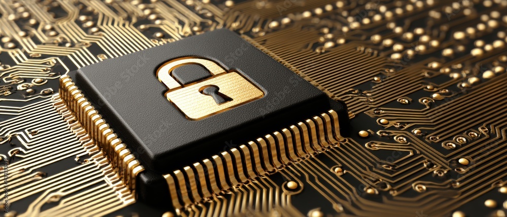 Close-up of a microchip with a padlock symbol, representing digital security and technology in a circuit board design.
