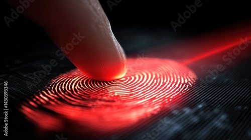 Obraz na płótnie A finger touches a glowing red fingerprint scanner, symbolizing biometric security and technology. w salonie