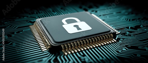 Obraz na płótnie Digital microchip with a padlock symbol, representing cybersecurity and data protection. w salonie