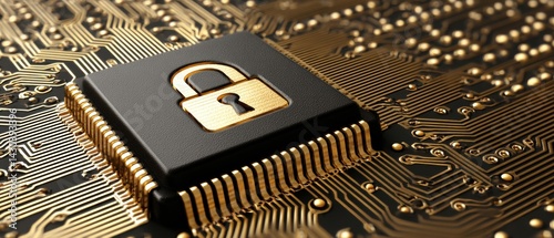 Obraz na płótnie Close-up of a microchip with a padlock symbol, representing digital security and technology in a circuit board design. w salonie