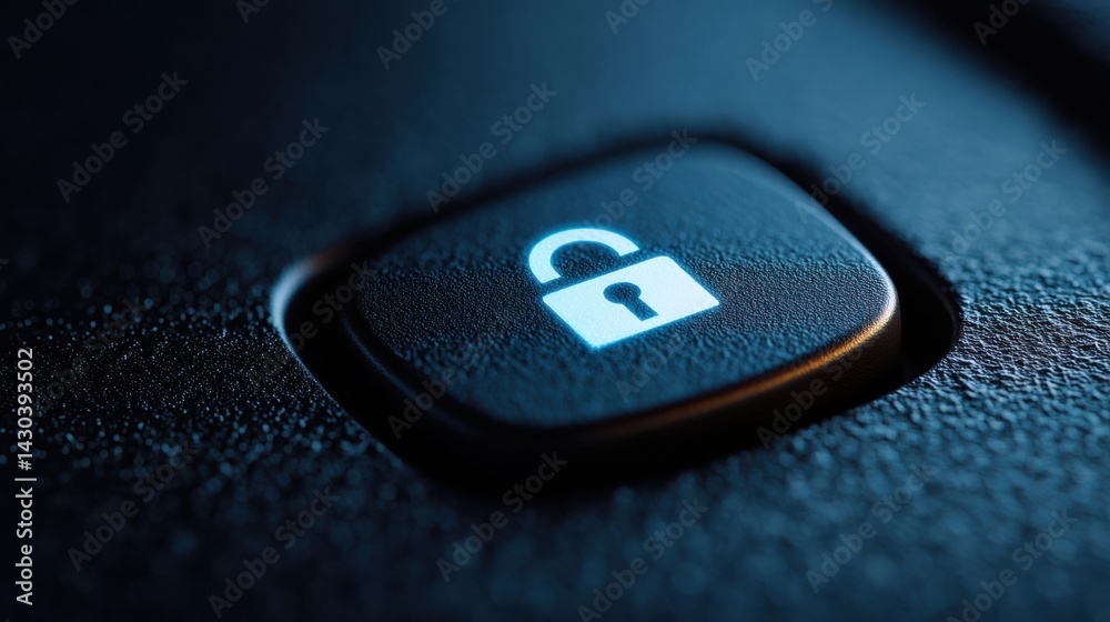 Close-up of an unlocked padlock icon on a keyboard, symbolizing security and digital access.
