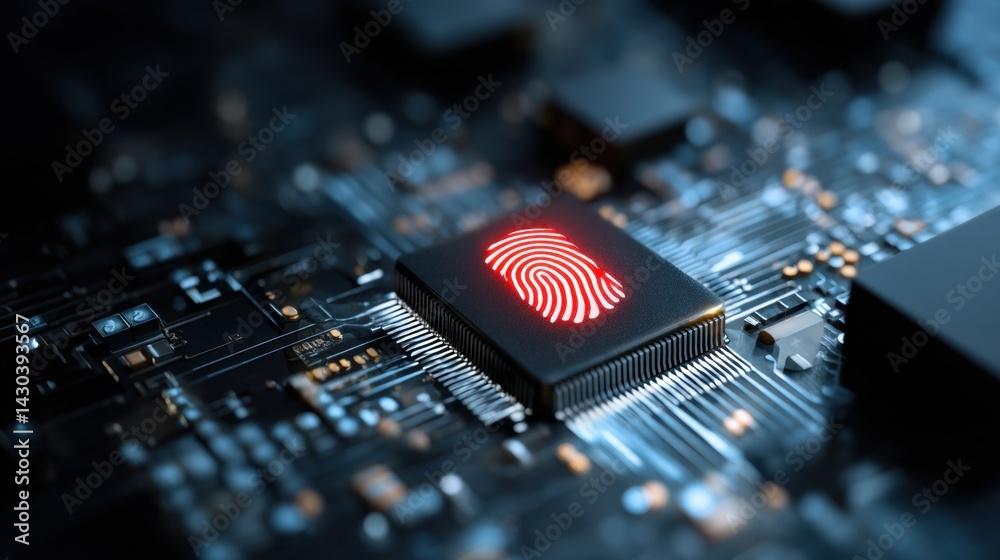 Close-up of a fingerprint sensor on a circuit board, symbolizing technology and security in digital systems.
