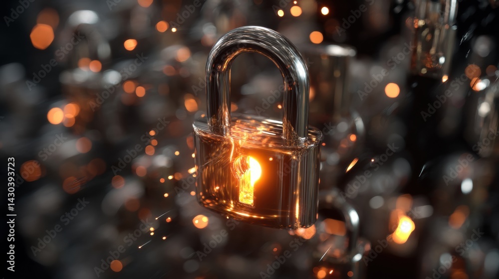A shining padlock illuminated against a blurred background of sparkling lights.