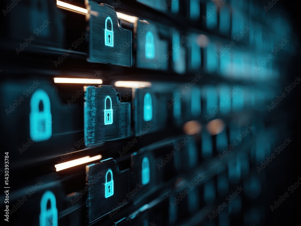 Digital locks glowing in a dark environment represent cybersecurity and data protection concepts.