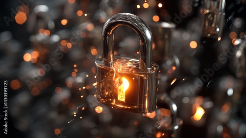 Obraz na płótnie A shining padlock illuminated against a blurred background of sparkling lights. w salonie