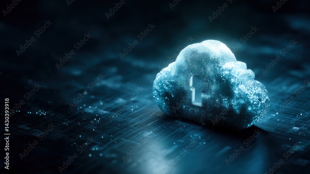 Digital cloud with a lock, symbolizing data security and protection in a futuristic, tech-inspired environment.