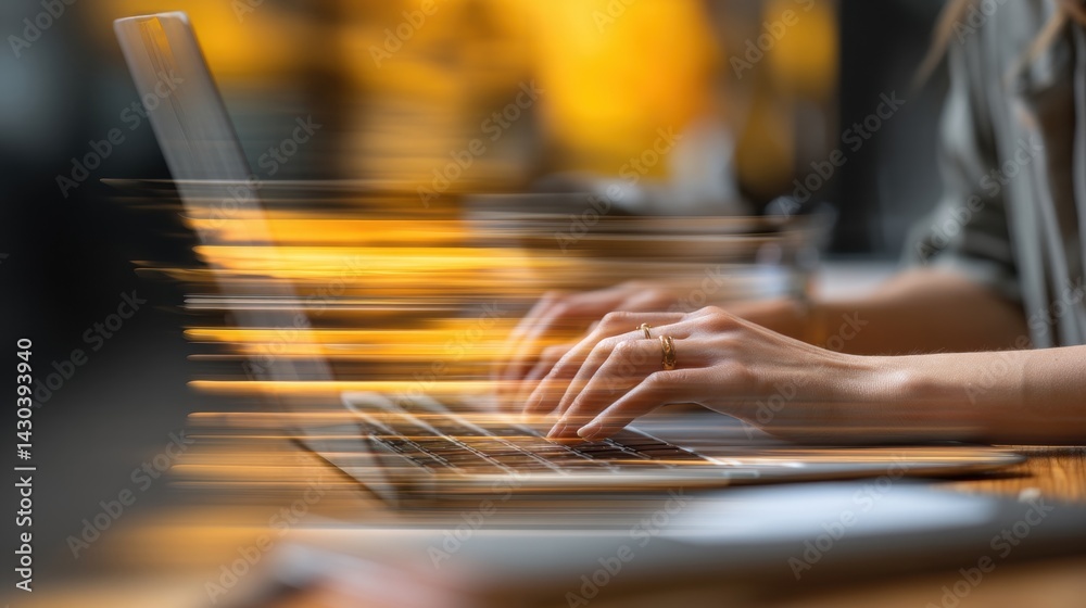 Blurry hands typing on a laptop create a sense of motion and productivity in a modern workspace.