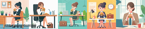 vector female secretary eating burger at table