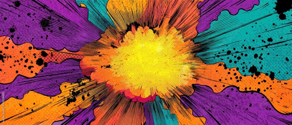 Vibrant abstract explosion of colors radiating from a central point, showcasing dynamic patterns and textures.