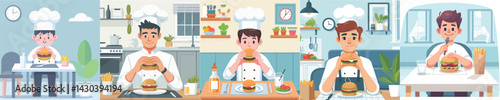 vector chef eating burger at table