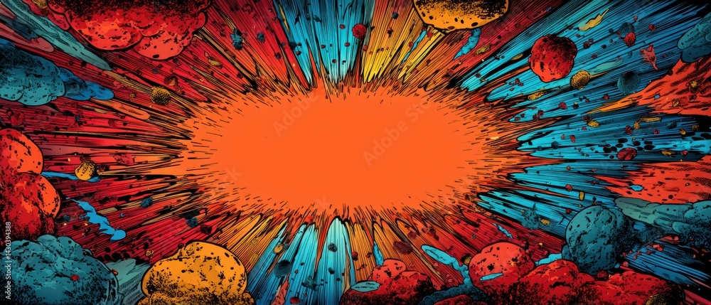 Colorful cosmic explosion with vibrant energy radiating from a central orange area surrounded by planets and stars.