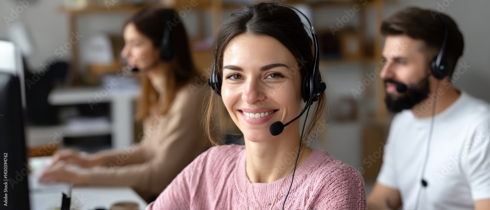 Support staff engaged in customer service, smiling and using headsets in a modern office environment.