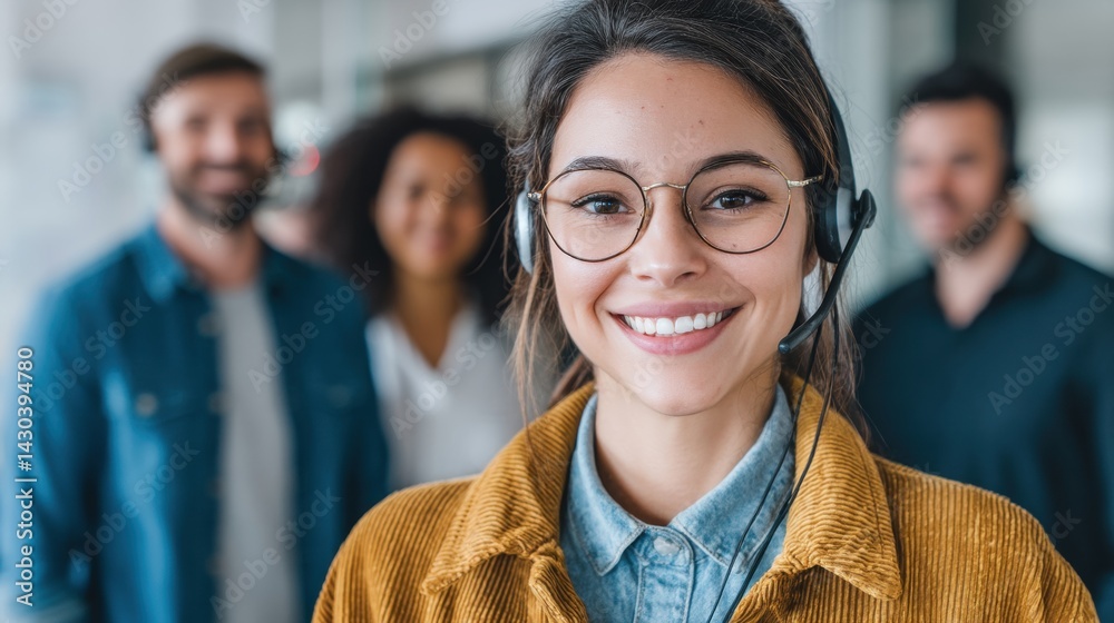 Friendly customer support agent smiling in a modern office environment with colleagues in the background.