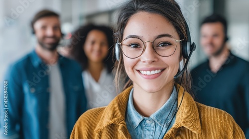 Obraz na płótnie Friendly customer support agent smiling in a modern office environment with colleagues in the background. w salonie