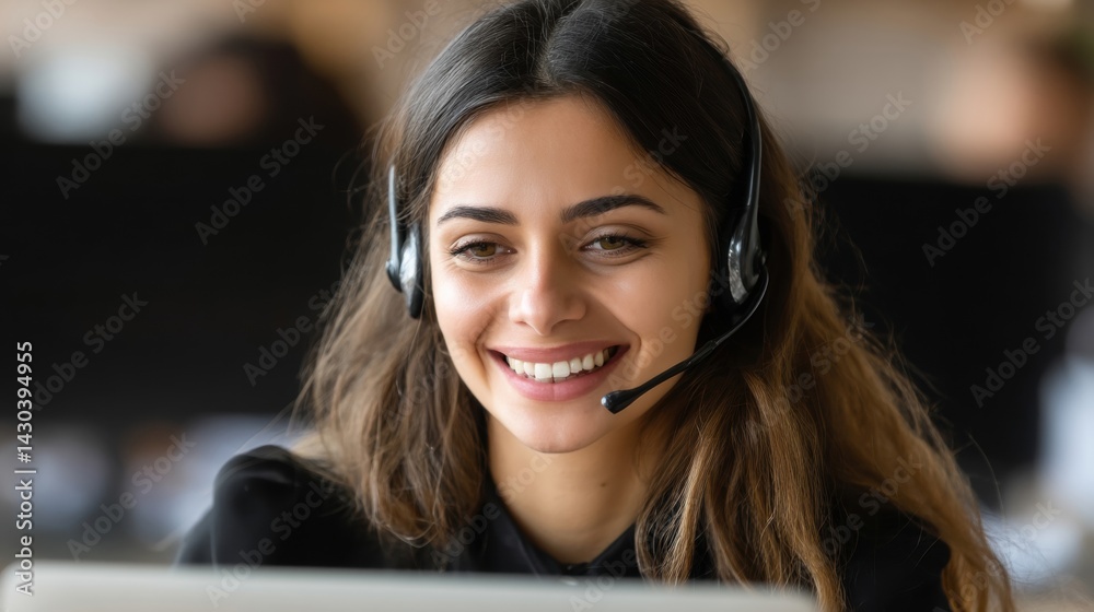 Smiling woman with headset in a modern office setting, engaged in a virtual conversation.
