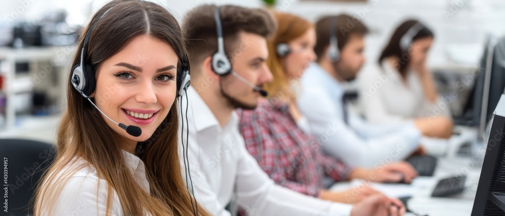 A cheerful customer service representative engages with clients in a busy office environment.