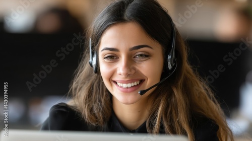 Obraz na płótnie Smiling woman with headset in a modern office setting, engaged in a virtual conversation. w salonie