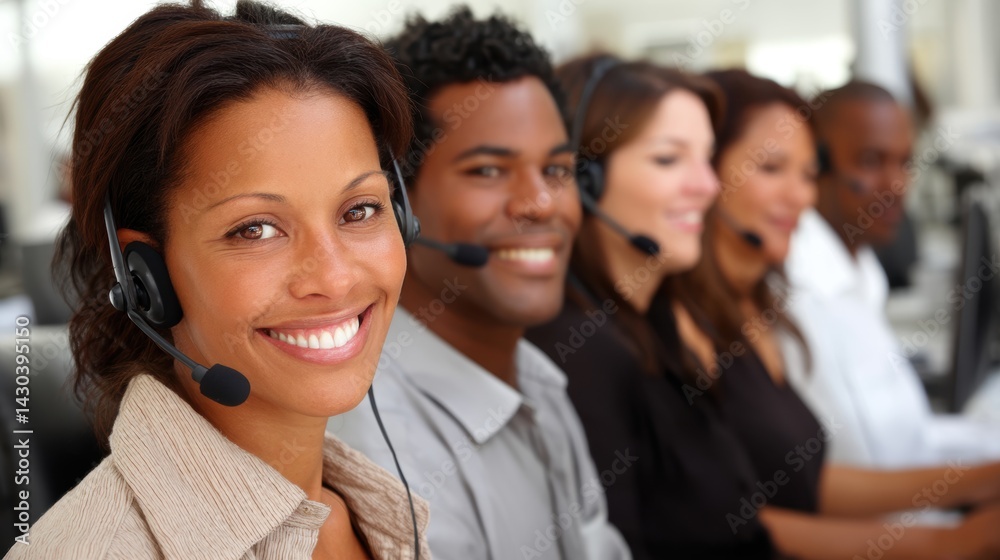 A diverse group of call center employees smiling while assisting customers on headsets.