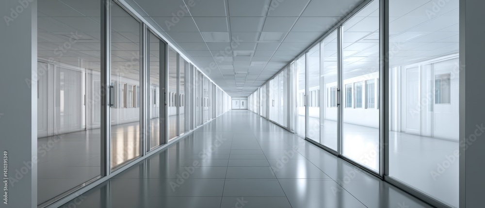 Modern corridor featuring glass walls and a glossy floor, creating a spacious and sleek environment.